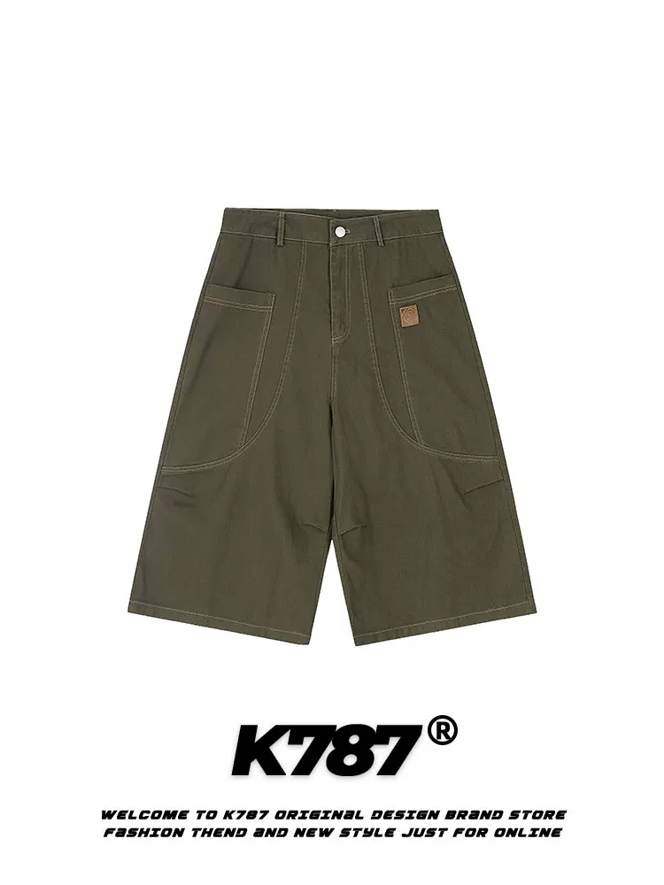 Quần short denim trắng may viền kiểu Mỹ cổ điển K787, dáng rộng, unisex, đa năng, thích hợp đi làm, cạp cao, kiểu ngắn