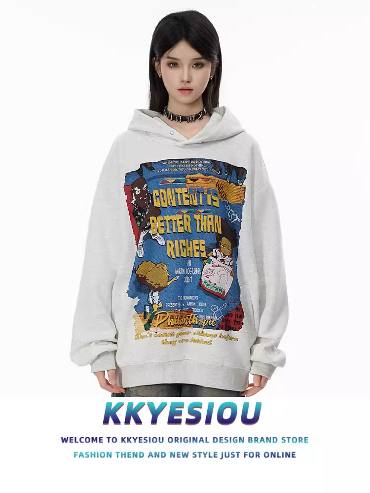 Áo khoác có mũ trùm đầu phong cách retro của Mỹ của KKyesiou dành cho nam và nữ, áo khoác cặp đôi thường ngày theo phong cách đường phố châu Âu và Mỹ