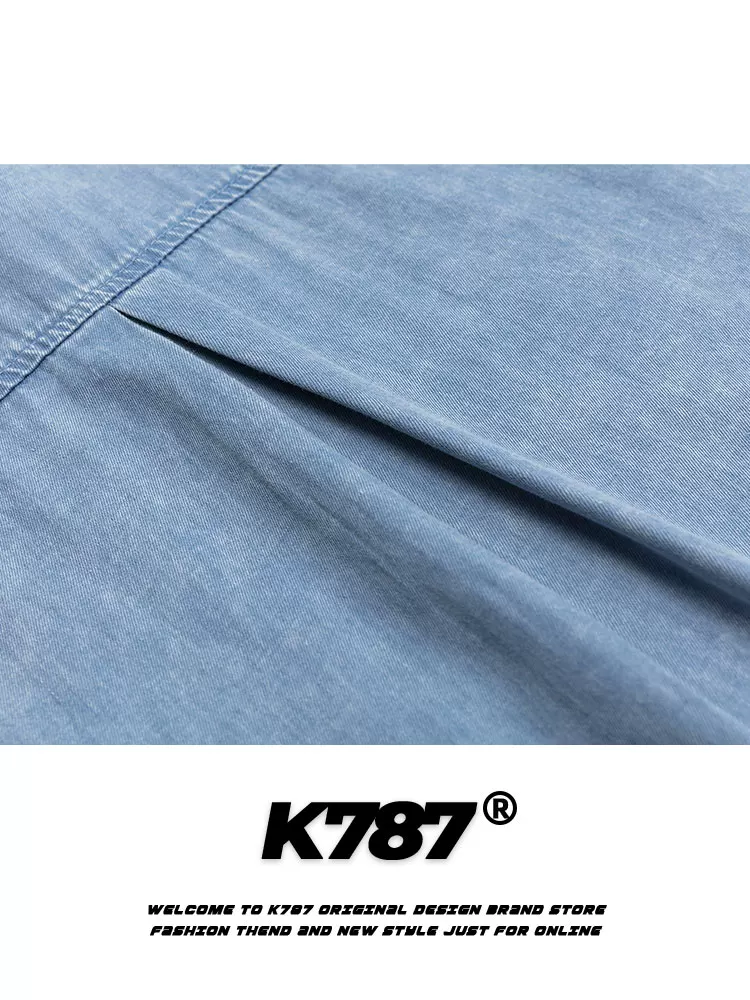 Áo sơ mi denim ngắn tay in chữ sọc kiểu Mỹ cổ điển K787 dành cho nam và nữ, đã qua xử lý làm mềm và tạo hiệu ứng cũ, kiểu dáng cardigan rộng, tay lửng.