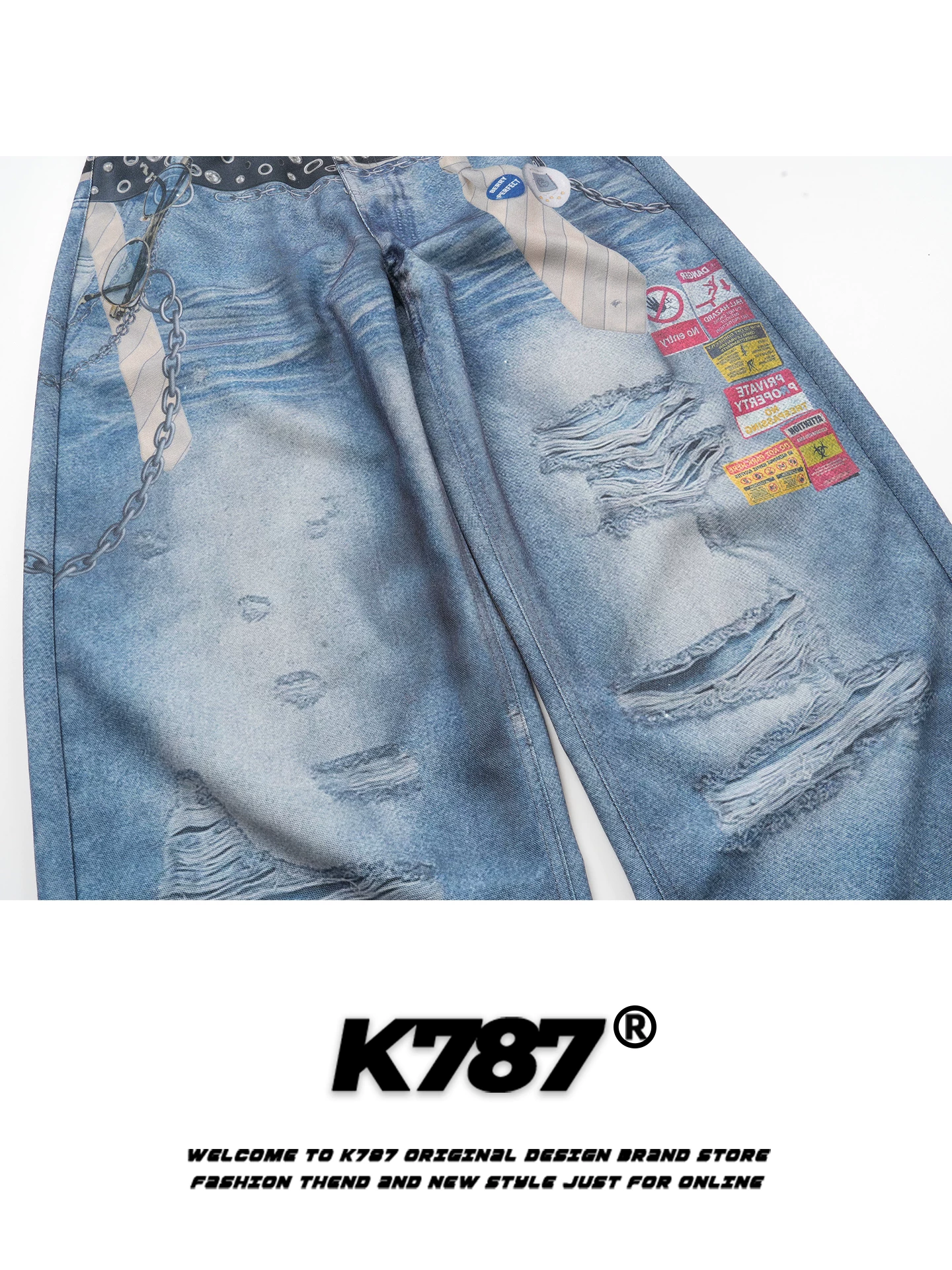 Quần jeans in họa tiết kỹ thuật số phong cách đường phố Mỹ K787, dành cho nam và nữ, thiết kế giả hai mảnh, dáng thẳng ống rộng