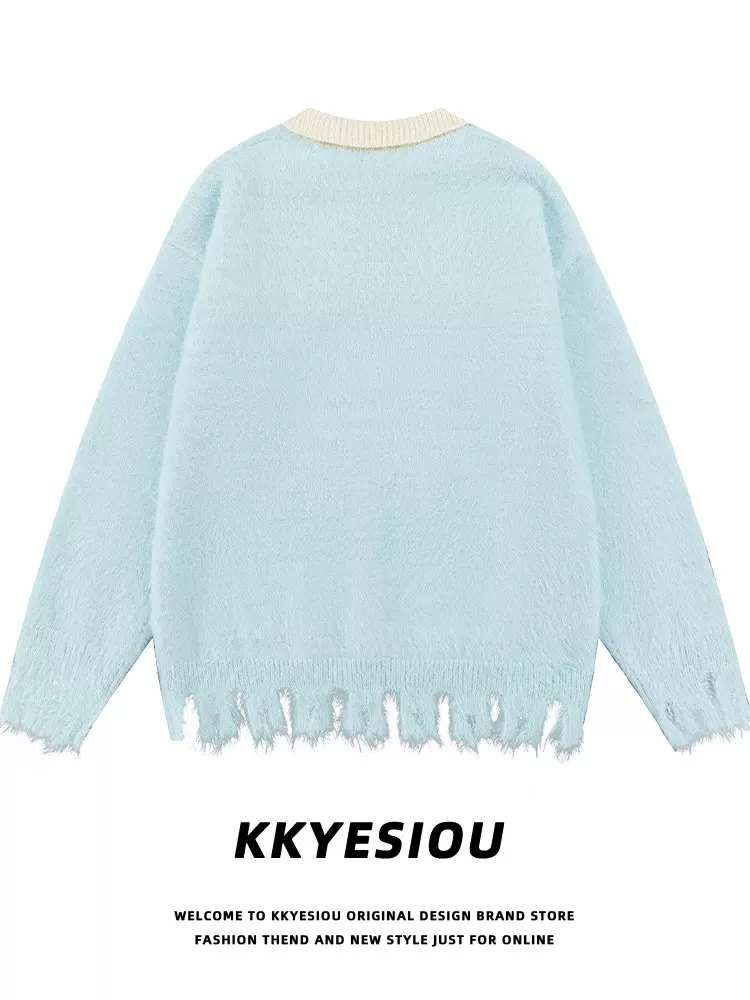 Áo len cặp đôi phong cách preppy thời thượng kiểu Mỹ KKyesiou, màu xanh sữa dopamine, chất liệu len dệt kim, unisex.