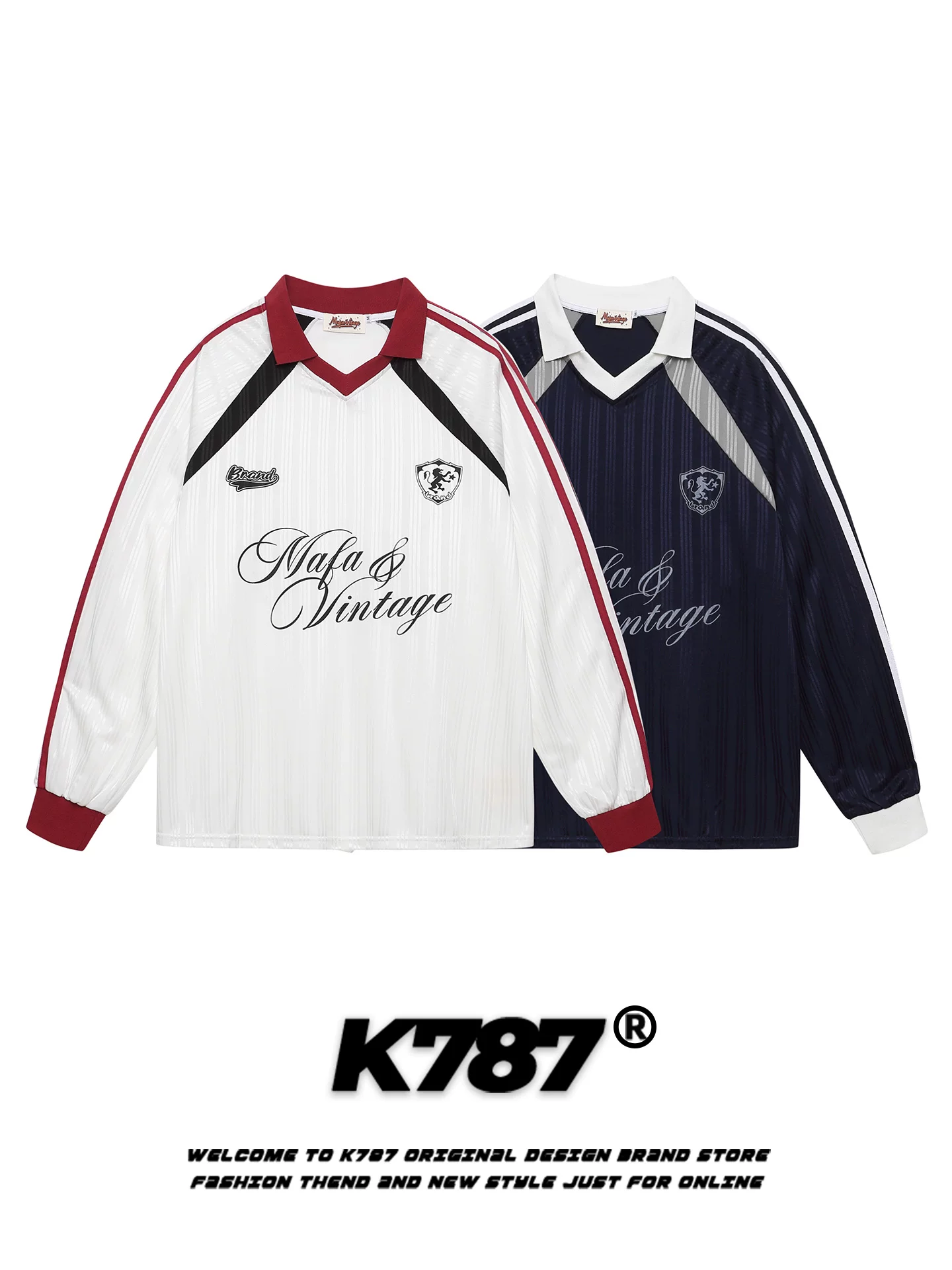 K787 Áo thun dài tay cổ chữ V sọc cổ điển kiểu Mỹ unisex áo thể thao có đinh tán in chữ áo sơ mi POLO