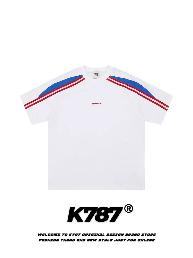 K787 Áo thun ngắn tay phối màu phong cách retro thể thao kiểu Mỹ dành cho nam và nữ, áo nửa tay dáng rộng phong cách đường phố đa năng dành cho cặp đôi