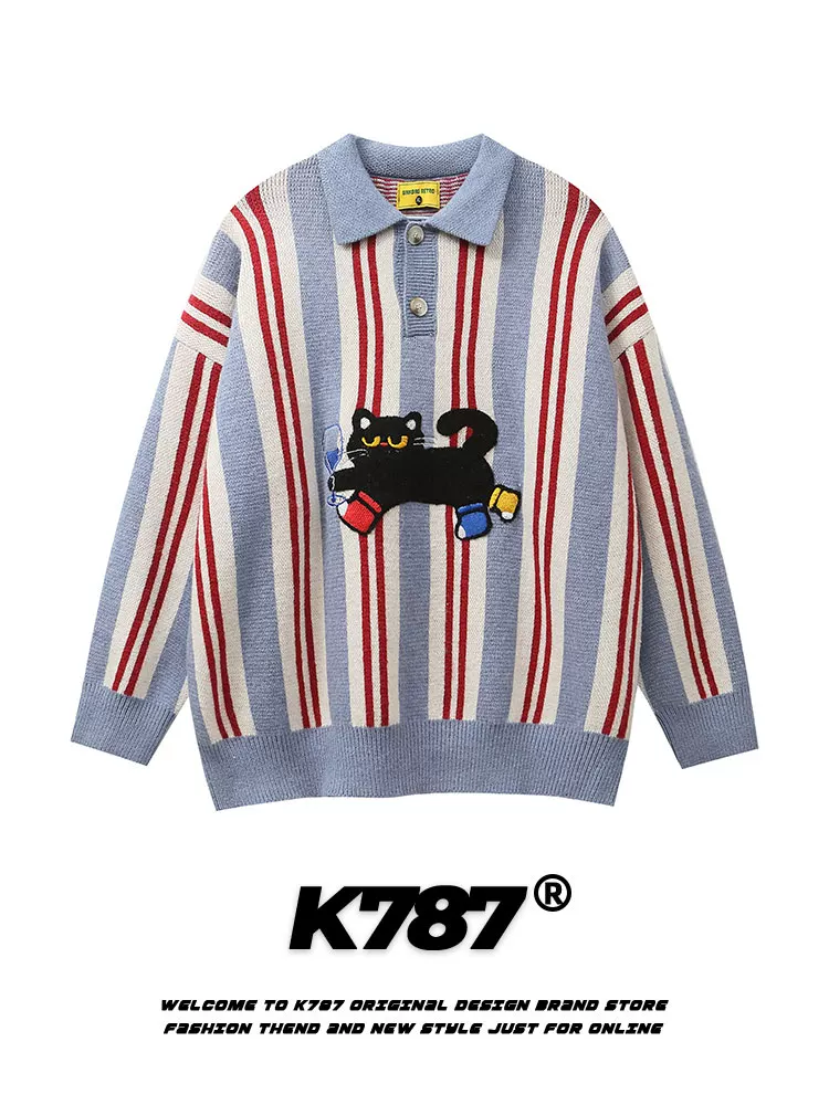 Áo len dệt kim thêu mèo sọc cổ điển kiểu Trung Quốc K787, unisex, đa năng, kiểu dáng đường phố, cổ POLO