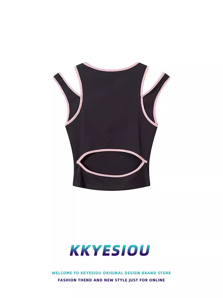 Áo thun ngắn tay không tay đa năng màu đen và hồng Hello Kitty của KKyesiou dành cho nữ