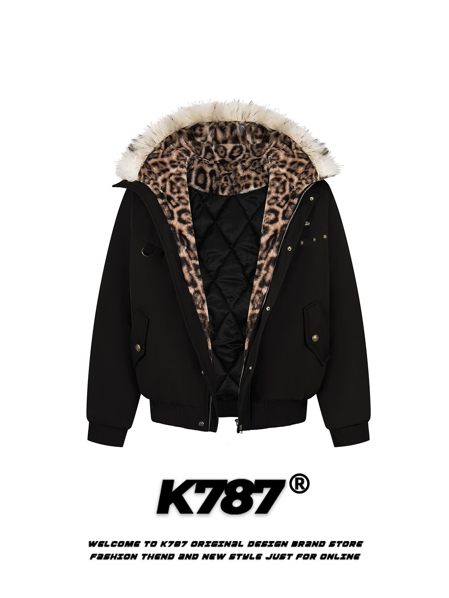 K787 Áo khoác cotton có mũ trùm đầu cổ lông phong cách retro Mỹ dành cho nam và nữ, áo khoác cotton dày dặn ấm áp in họa tiết da báo hợp thời trang dành cho mùa đông.