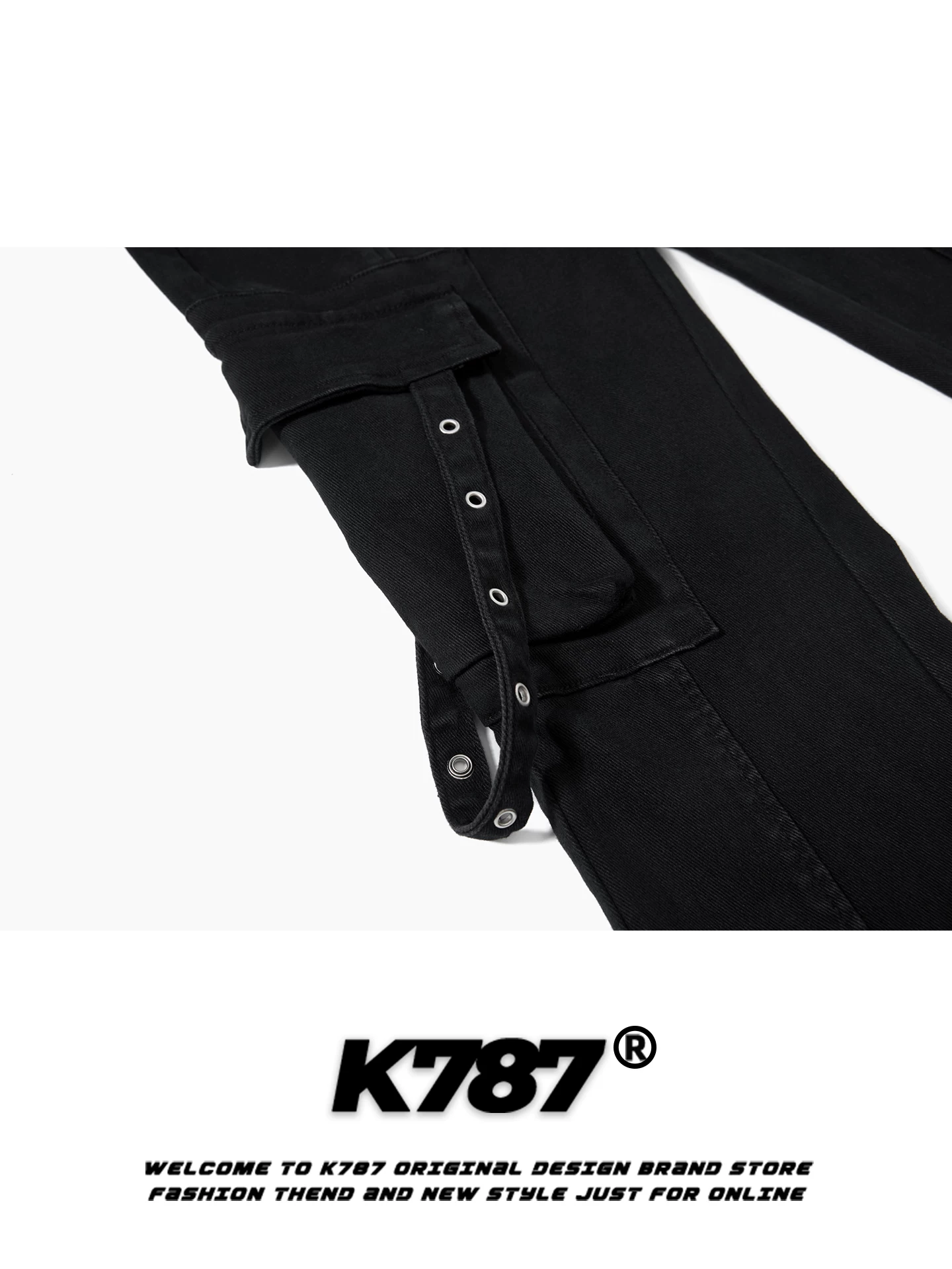 Quần jeans ống loe nhiều túi kiểu Mỹ cổ điển K787, unisex, rộng rãi, thời trang, cạp cao, phối nơ, màu đen, quần dài thường ngày