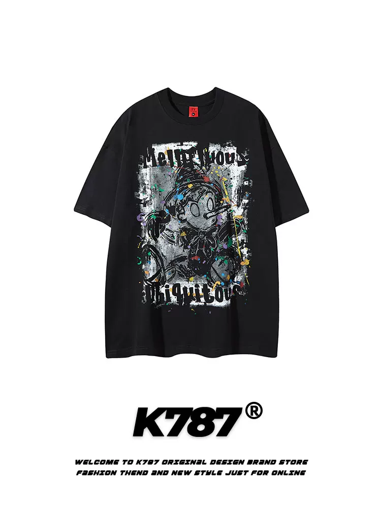 K787 Áo thun ngắn tay in hình hoạt hình Pinocchio cổ điển của Mỹ dành cho nam và nữ áo thun oversize hip-hop ins cặp đôi
