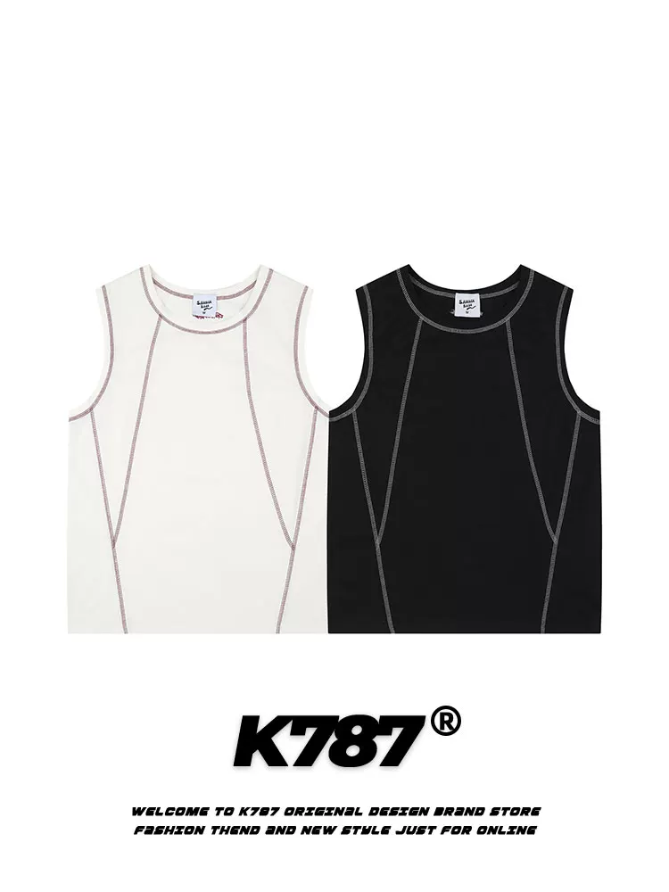 Áo ba lỗ unisex phong cách đường phố retro Mỹ K787, kiểu ghép mảnh, thể thao, đa năng, rộng rãi, thoải mái, không tay, áo lót, áo thun