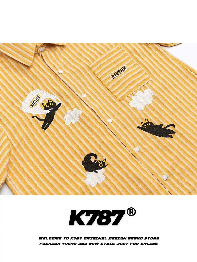 K787 Mỹ retro thêu mèo vui nhộn áo sơ mi ngắn tay unisex sọc đa năng phong cách đại học cardigan nửa tay mùa hè