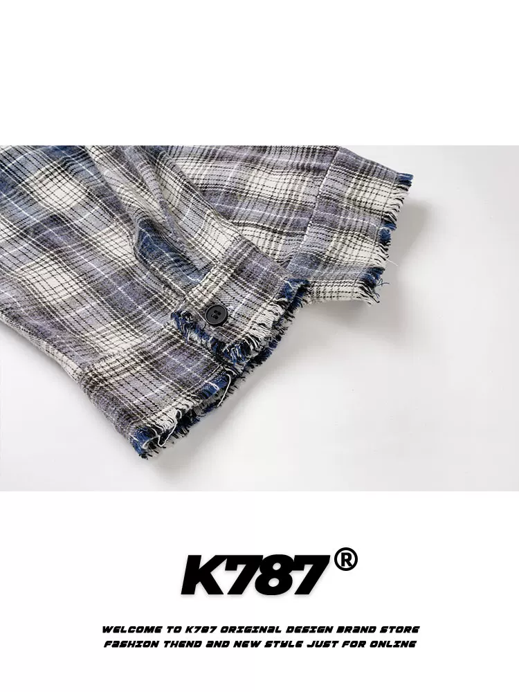 K787 Áo sơ mi dài tay kẻ sọc cổ điển kiểu Mỹ có viền tua rua unisex cổ điển áo khoác đôi