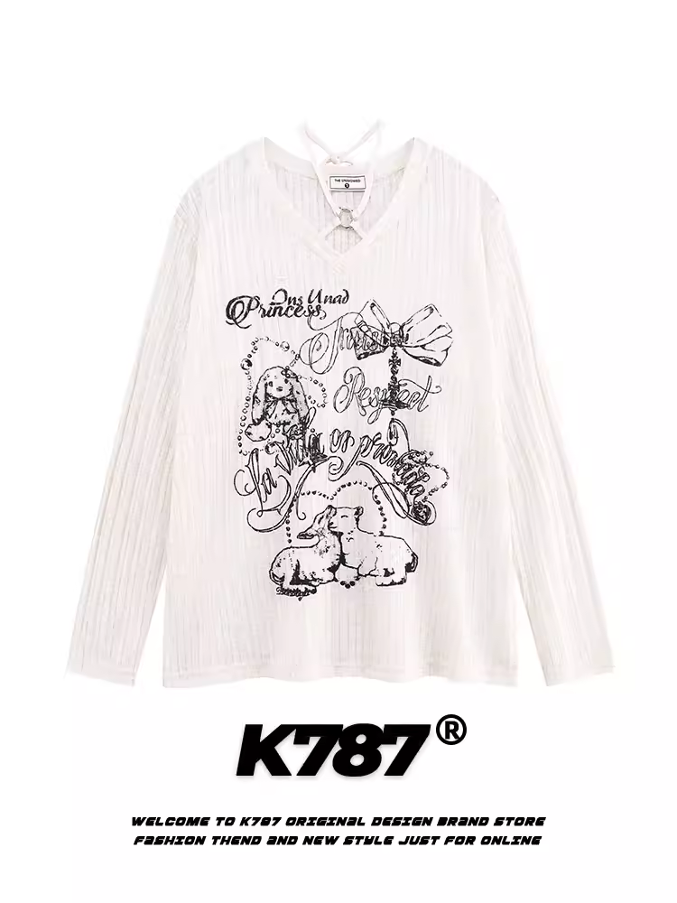 Áo thun kiểu nữ tính K787, thiết kế cổ V buộc dây, phong cách lười biếng, chất liệu ren, kiểu dáng rộng rãi, phong cách retro Mỹ, áo khoác đa năng.