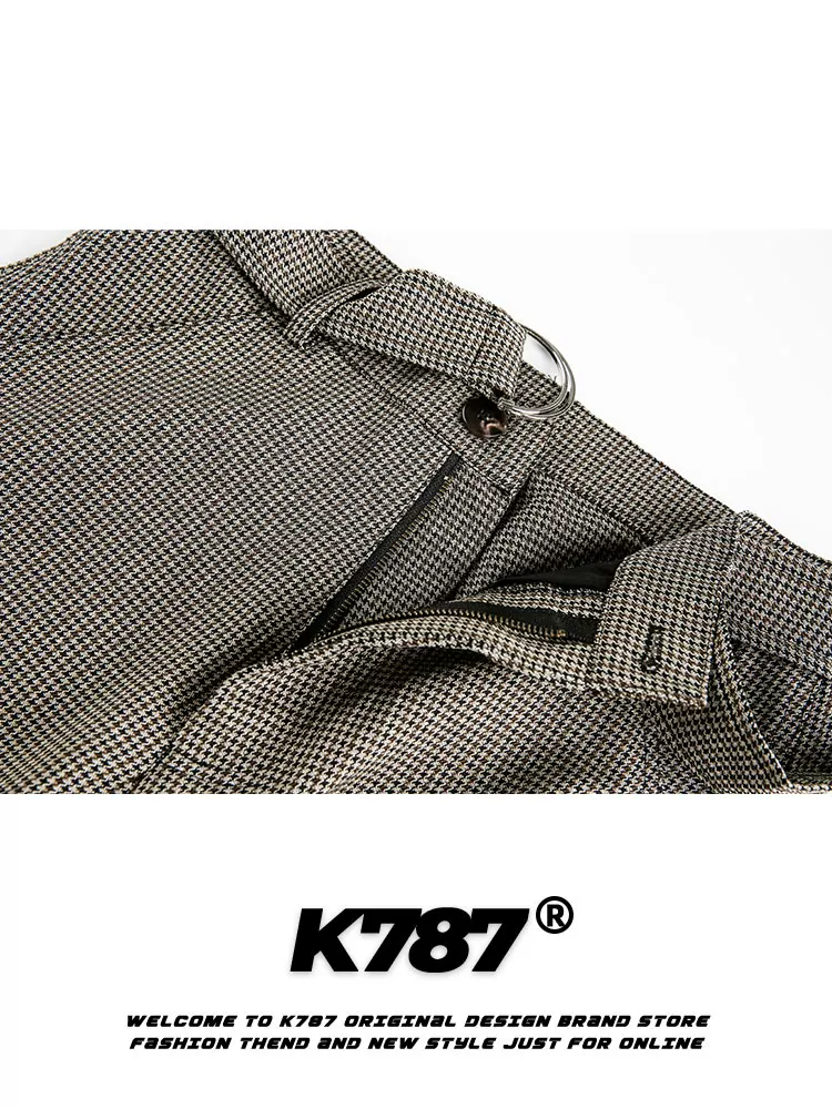 Quần âu unisex kiểu dáng xu hướng, cạp cao, rộng thùng thình, ống thẳng, họa tiết caro houndstooth phối vải, phong cách retro Mỹ, mã K787