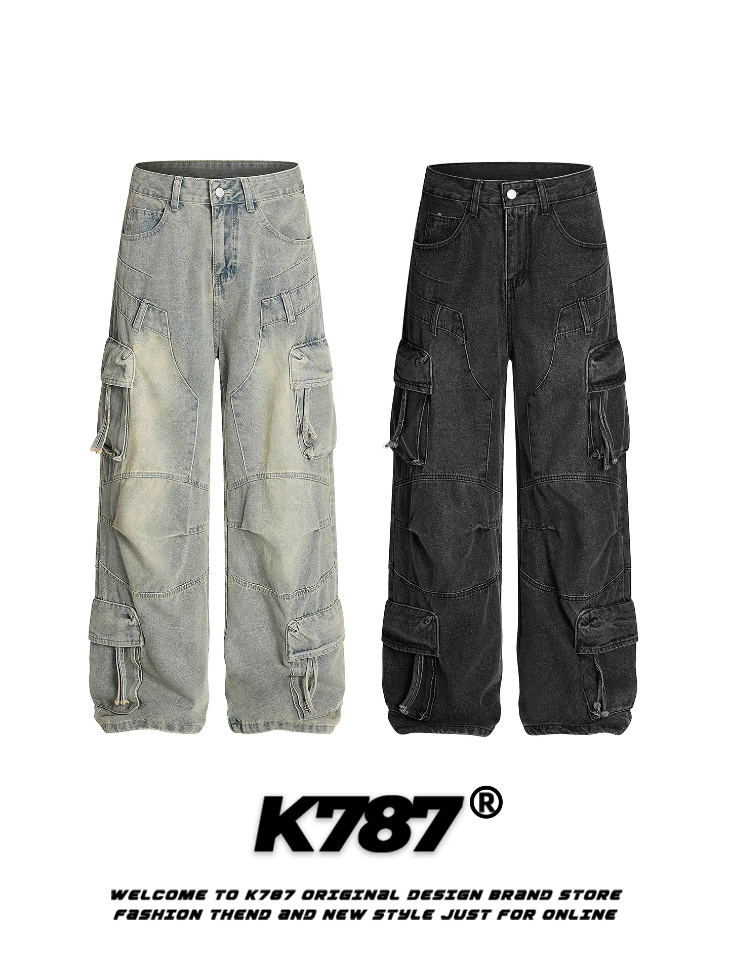 Quần jeans unisex K787 kiểu Mỹ cổ điển, xước, rách, nhiều túi, dáng thẳng, ống rộng, cạp cao, phong cách đường phố