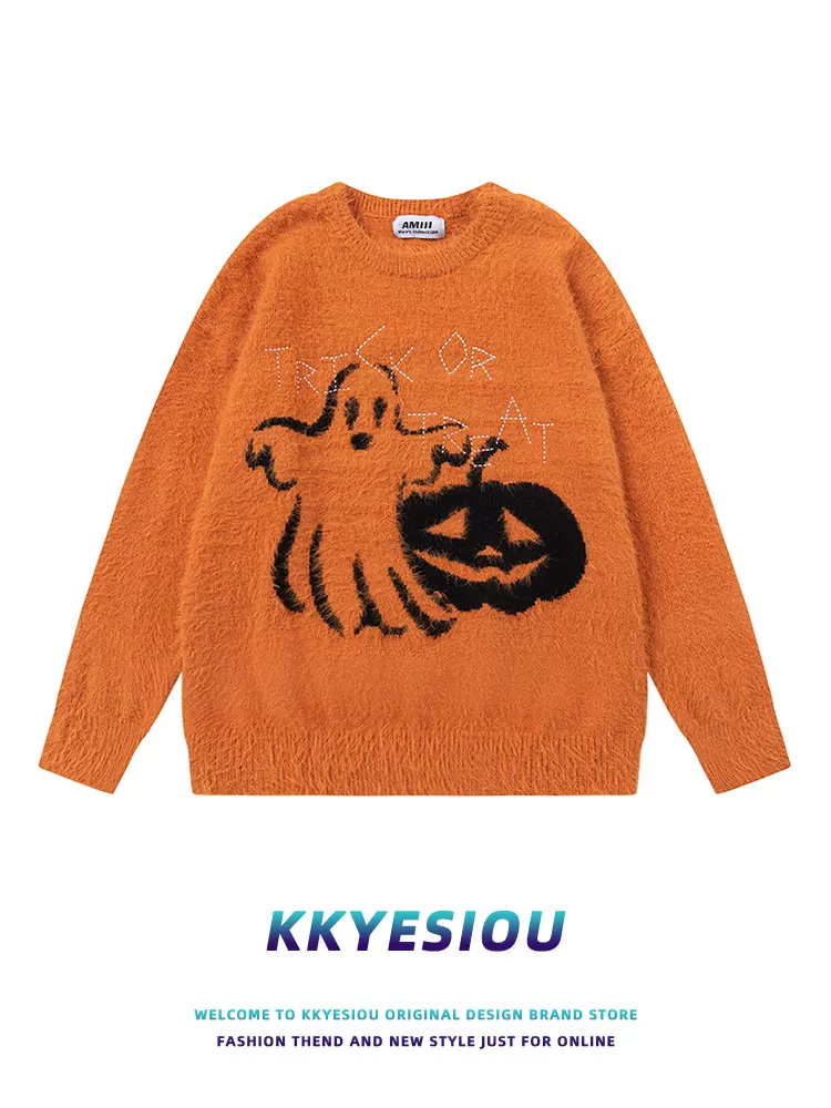 Áo len KKyesiou Halloween vui nhộn hình bí ngô ma quái dành cho nam và nữ, áo len đôi thiết kế màu cam đậm tạo không khí