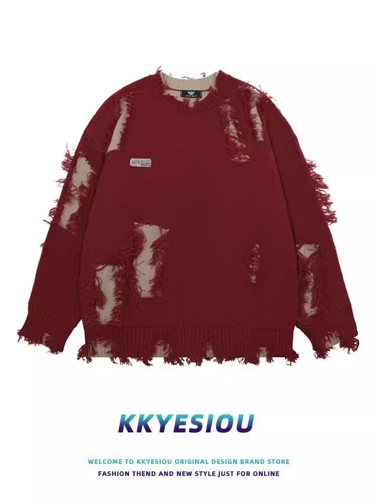 Áo len dệt kim kiểu Mỹ cổ điển, thời thượng, phong cách KKyesiou dành cho nam và nữ, áo len cặp đôi hip-hop màu đỏ