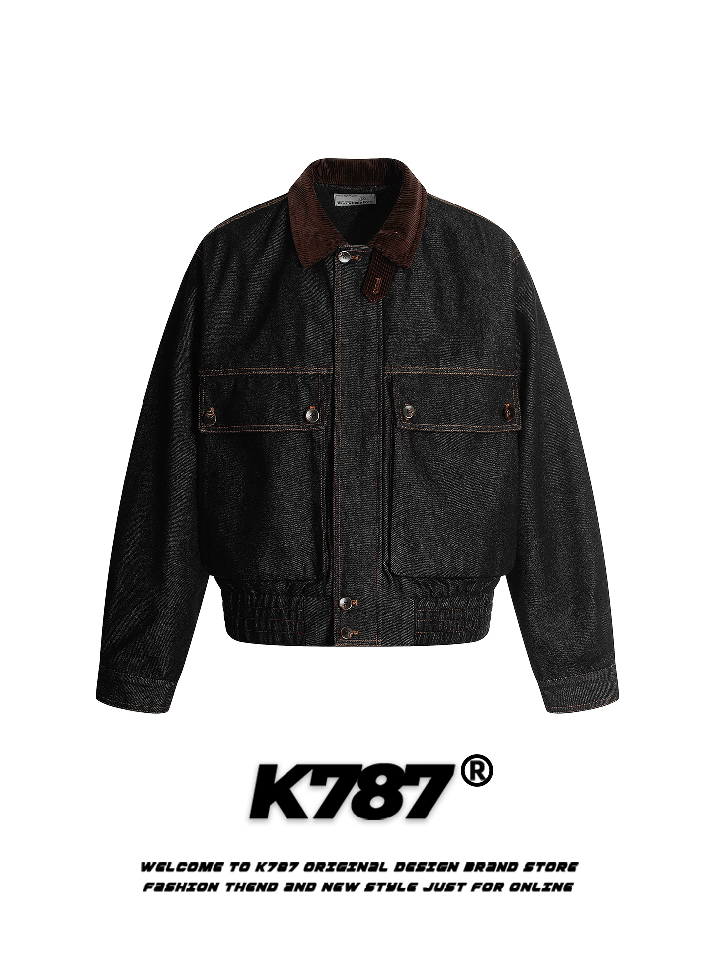 Áo khoác denim ngắn phối vải bố kiểu Mỹ cổ điển K787 dành cho nam và nữ, phong cách đường phố, áo khoác đôi