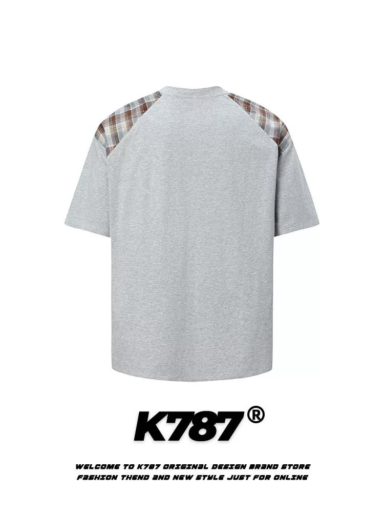K787 Áo thun ngắn tay giả hai mảnh kiểu cổ điển Mỹ dành cho nam và nữ, áo nửa tay dáng rộng phong cách đại học giản dị