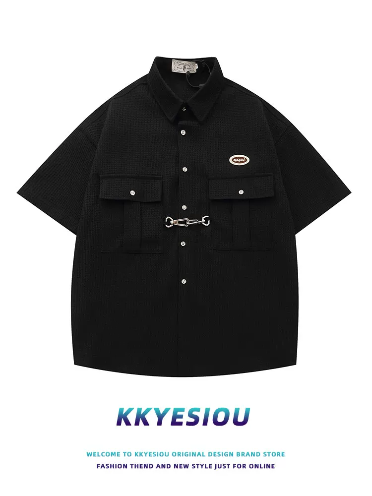 Áo sơ mi ngắn tay KKyesiou phong cách retro hip-hop thời thượng dành cho nam và nữ, áo đa năng phong cách đường phố Mỹ, phong cách đại học.