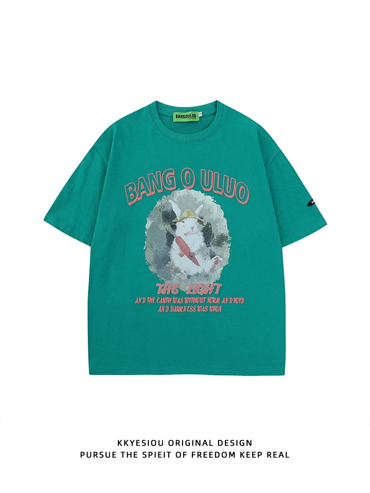 Áo thun ngắn tay in hình thỏ ngọt ngào KKyesiou phong cách Nhật Bản, unisex, oversize, cặp đôi, chất liệu cotton nguyên chất