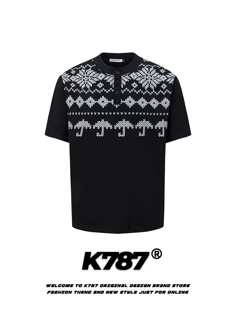 K787 Áo thun ngắn tay cổ Henry cổ điển kiểu Mỹ Fair Isle dành cho nam và nữ cleanfit dáng rộng giản dị nửa tay áo