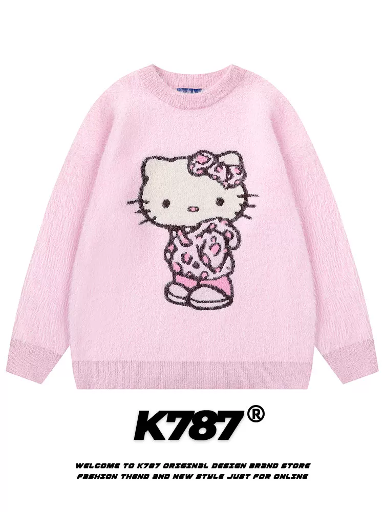 K787 Áo len dệt kim thêu hình Hello Kitty theo phong cách cổ điển Trung Quốc dành cho nam và nữ, áo chui đầu kiểu đại học giản dị màu vàng kem.