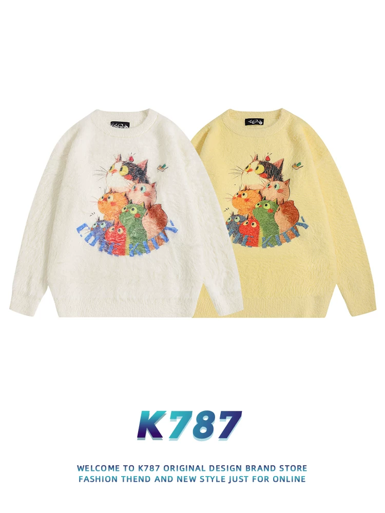 K787 Áo len dệt kim phong cách retro cổ điển của Mỹ dành cho nam và nữ, áo len cặp đôi dày dặn đa năng theo chủ đề mèo