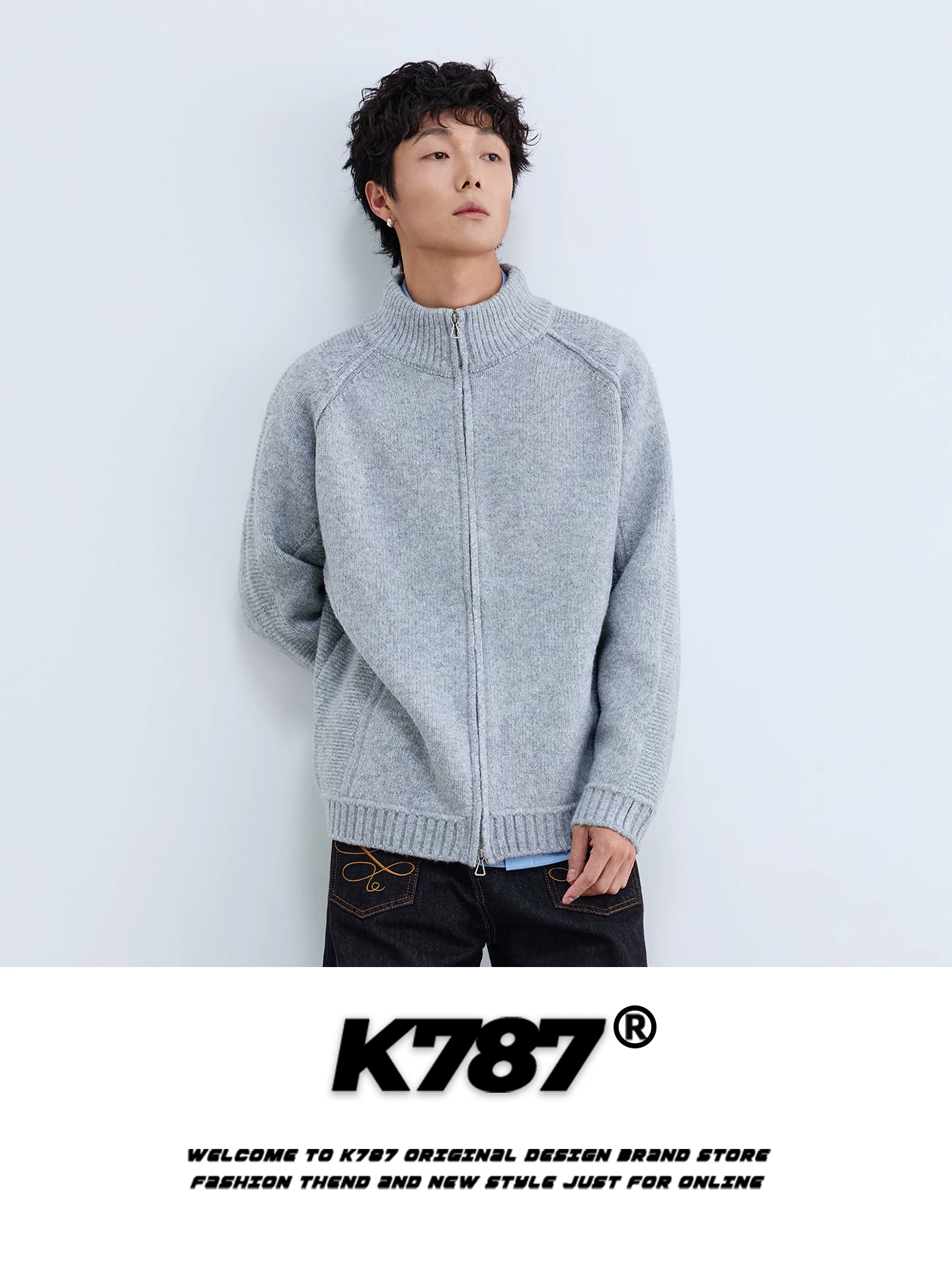 Áo len cardigan có khóa kéo đôi kiểu cổ điển Mỹ K787 dành cho nam và nữ, kiểu dáng rộng rãi và thoải mái, áo khoác dệt kim giản dị ấm áp