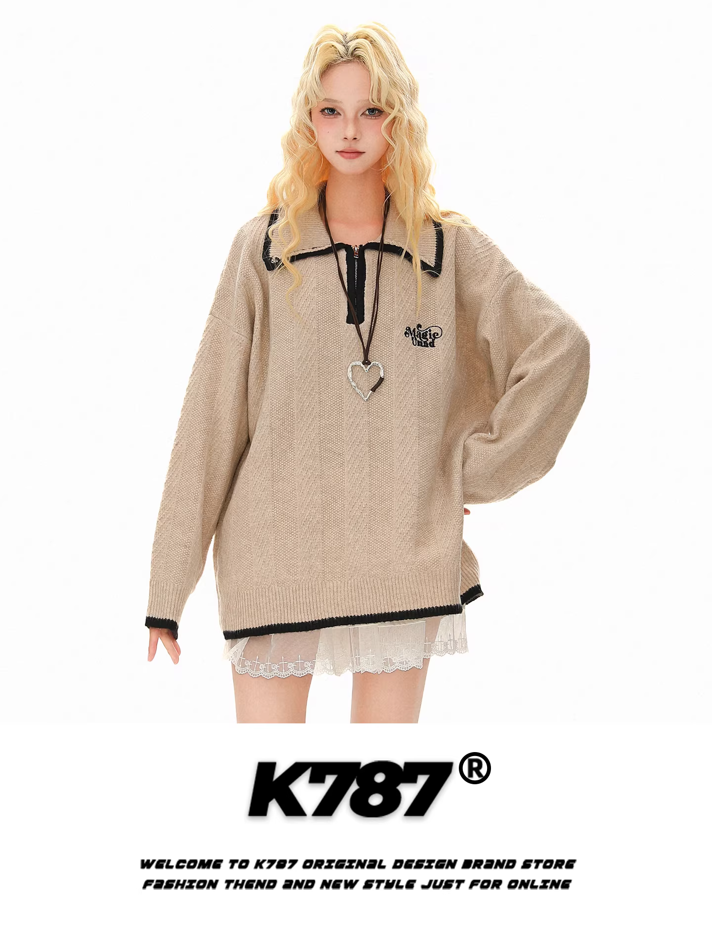 Áo len cổ trụ nửa khóa kéo kiểu Mỹ cổ điển K787 dành cho nam và nữ, dáng rộng, mùa thu đông 2025, thời trang thường ngày, cặp đôi, chất liệu dệt kim