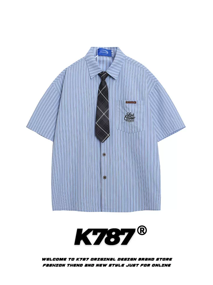 Áo sơ mi ngắn tay unisex phong cách retro Mỹ, kẻ sọc, kiểu học sinh, đa năng, mùa hè 2025, kiểu cardigan nửa tay