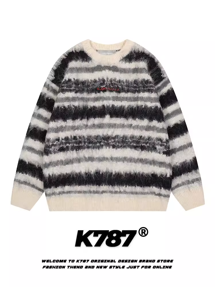 Áo len dệt kim sọc dày phong cách lười biếng unisex K787 chất liệu mohair, kiểu dáng retro Mỹ, xu hướng mùa đông 2024, thương hiệu thời trang, áo đôi