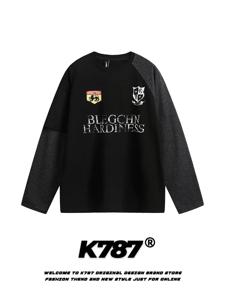 K787 Áo thun cổ lọ in họa tiết sọc cổ điển kiểu Mỹ unisex phong cách hip-hop, dáng dài bất quy tắc, tay dài