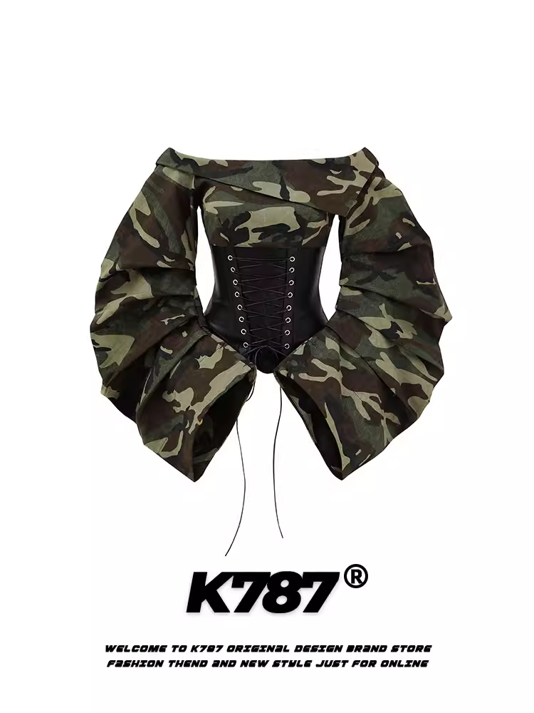 Áo thun nữ K787 kiểu dáng độc đáo, phong cách hip-hop, ngắn, ôm eo, trễ vai, họa tiết ngụy trang, mùa hè