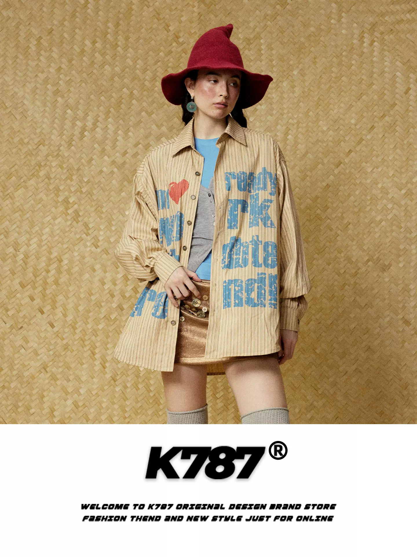 Áo sơ mi dài tay unisex kiểu đường phố Mỹ K787, họa tiết trái tim rách, sọc, thời trang, dáng rộng, áo khoác cặp đôi
