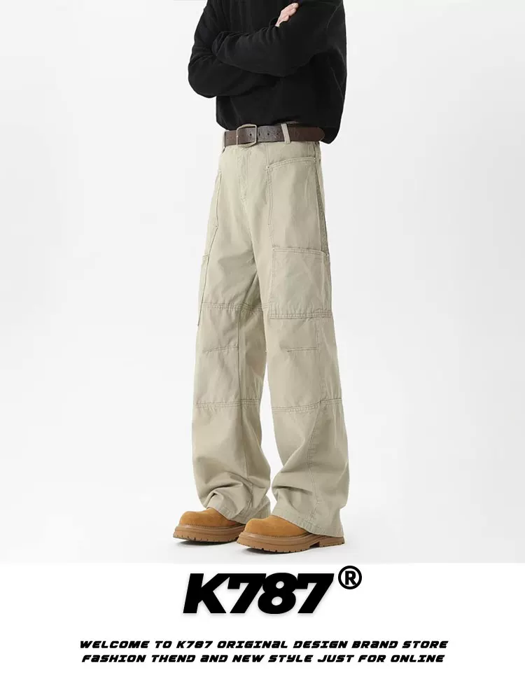 Quần K787 kiểu Mỹ cổ điển, phối màu trơn, phong cách công nhân, kiểu dáng lumberjack, unisex, họa tiết hình học, thiết kế phá cách, đa năng, hợp thời trang, quần ống thẳng, phong cách thường ngày