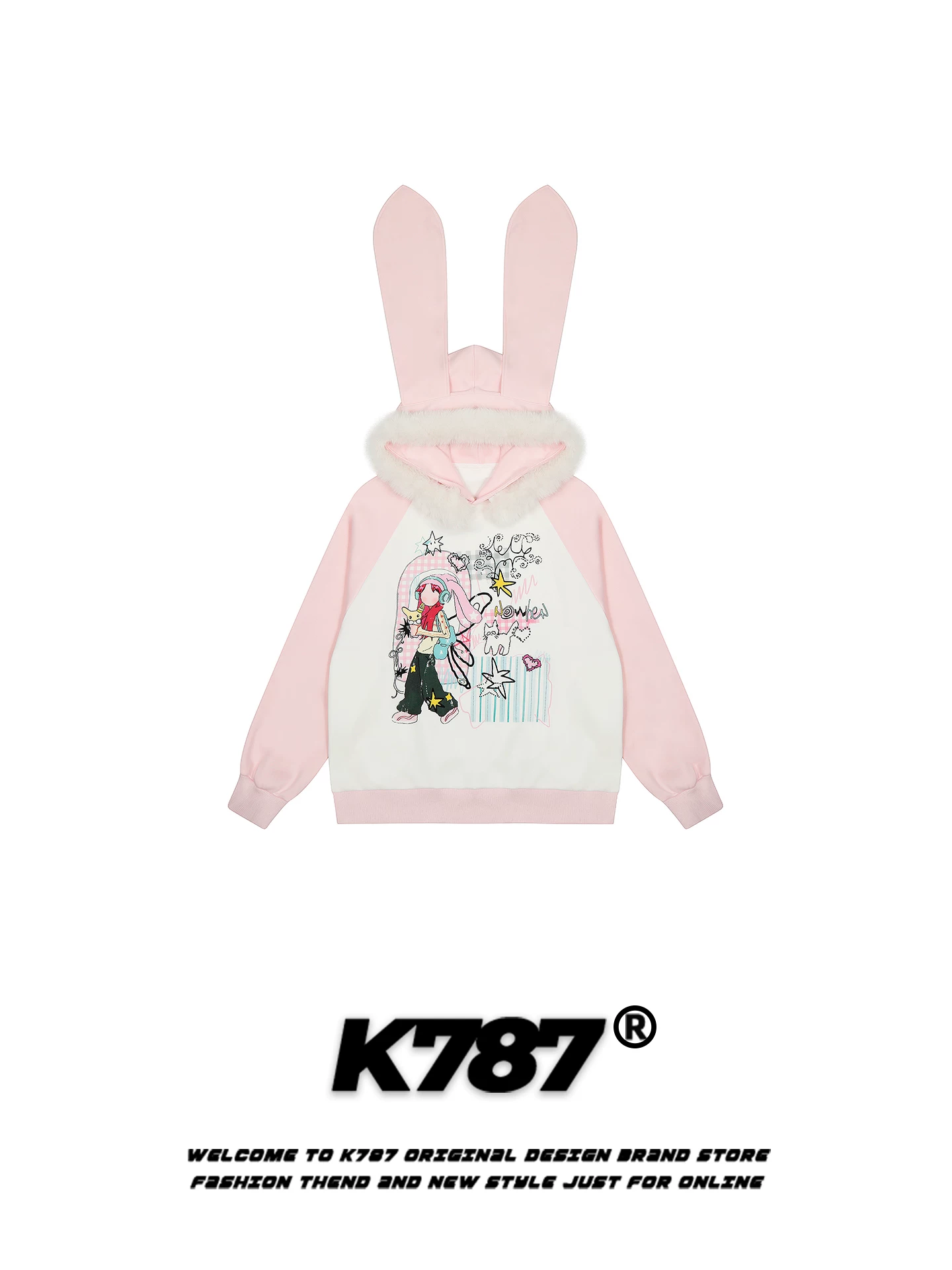 Áo khoác hoodie nữ K787 kiểu Mỹ, tai thỏ, cổ lông, phong cách Á nhẹ nhàng, kiểu Y2K, phối màu, áo khoác năng động