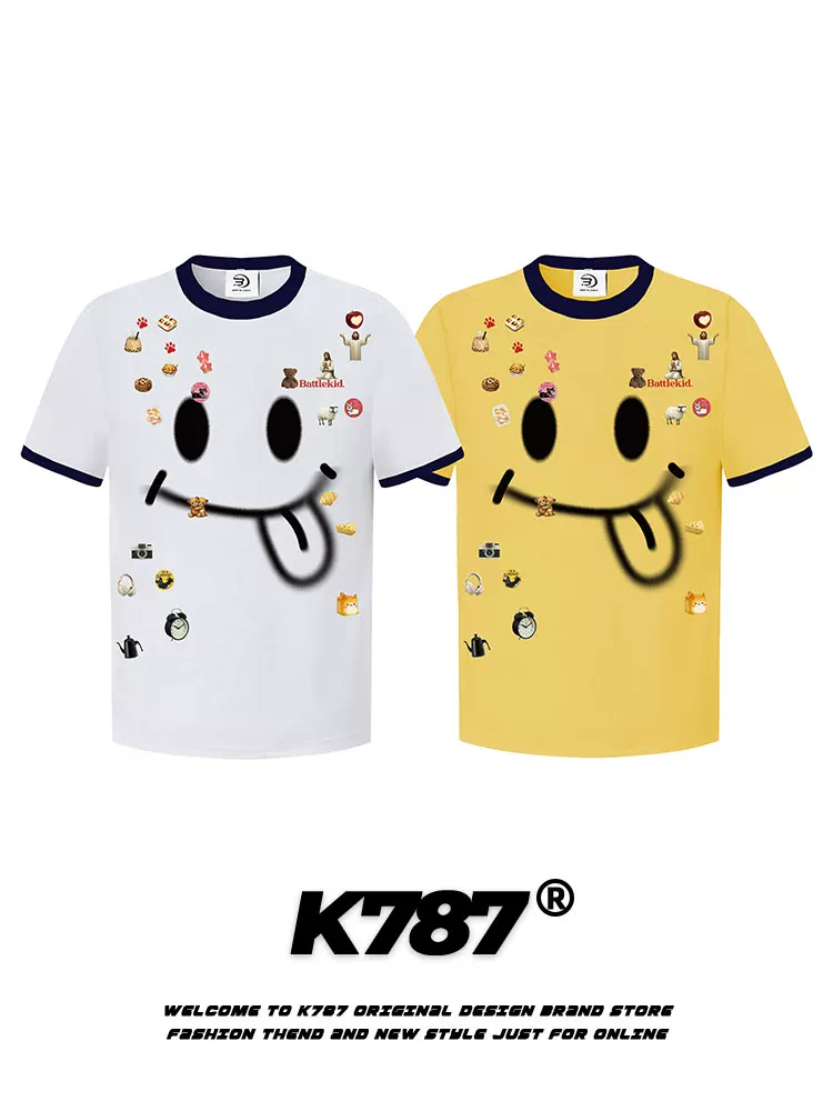 K787 Áo thun ngắn tay in hình hoạt hình vui nhộn theo phong cách retro của Mỹ dành cho nam và nữ phong cách cổ điển lười biếng áo đôi