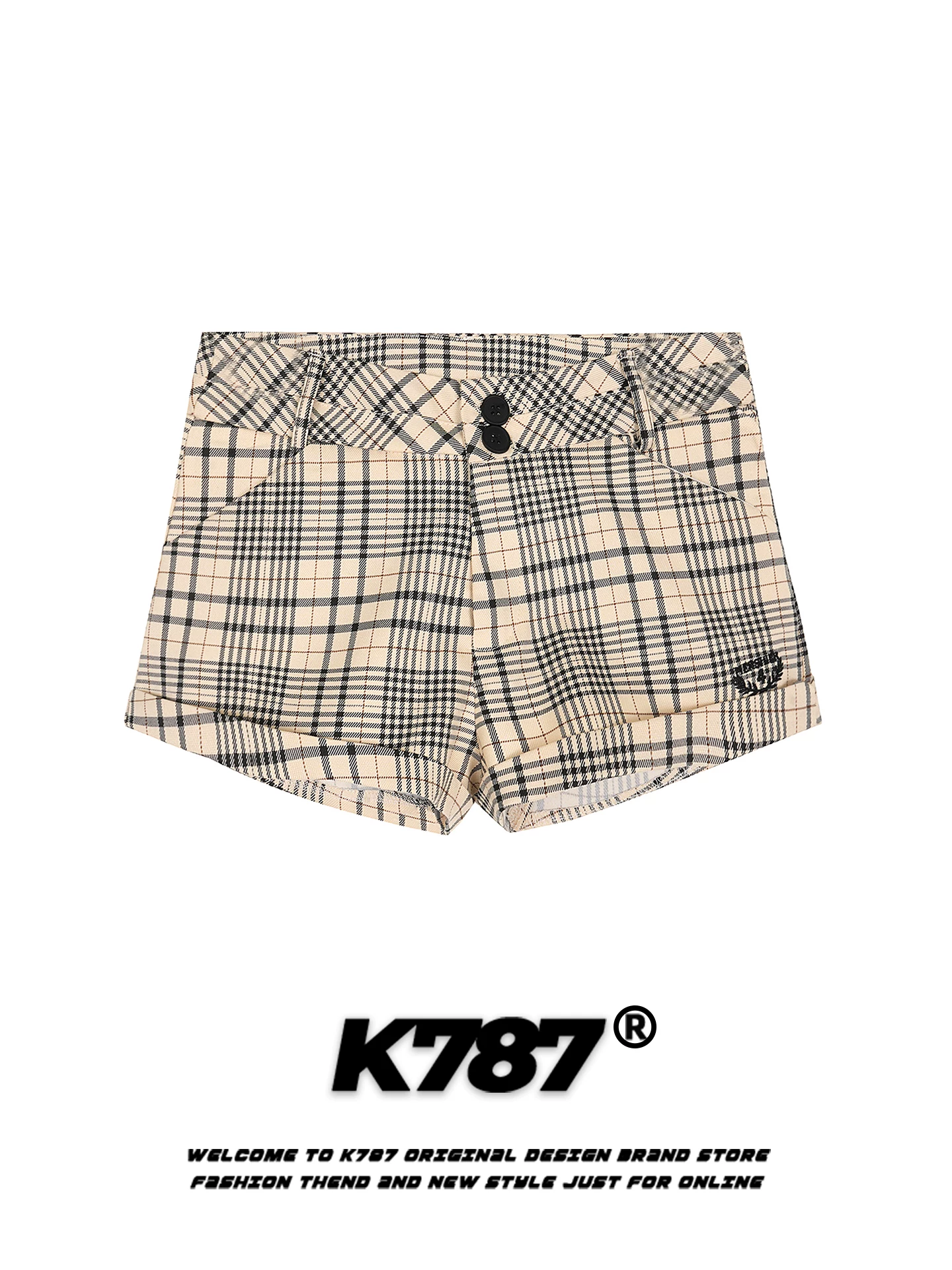 Quần short nữ K787 kiểu Mỹ cổ điển, kẻ ca rô, cạp cao, đa năng, thêu họa tiết, dáng rộng, phong cách thể thao, học sinh, quần short năng động