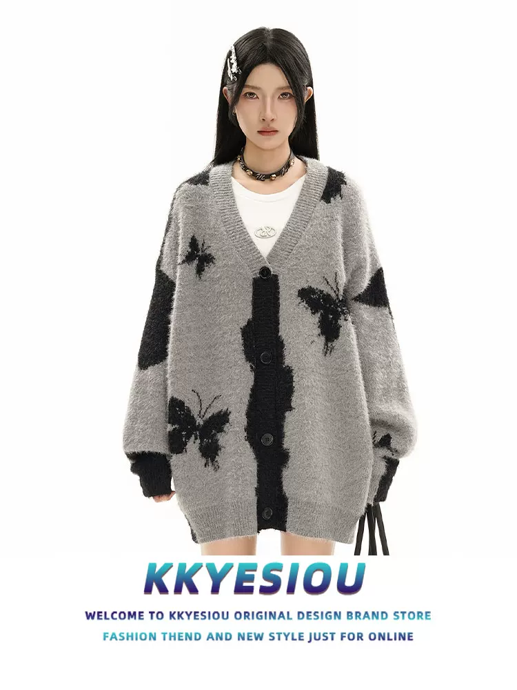 Áo len dệt kim kiểu dáng lười biếng phong cách retro Mỹ của thương hiệu KKyesiou, unisex, kiểu vintage, áo cardigan đôi.