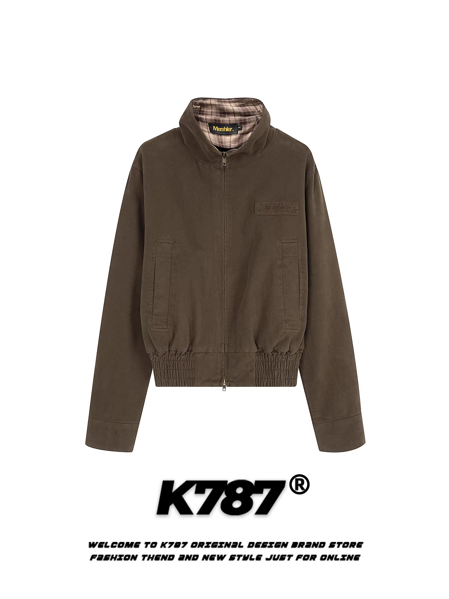 Áo khoác cổ đứng kiểu Mỹ cổ điển, phối họa tiết ca rô, dáng rộng, phong cách sành điệu, kiểu dáng cổ điển sang trọng, áo khoác cardigan ngắn.