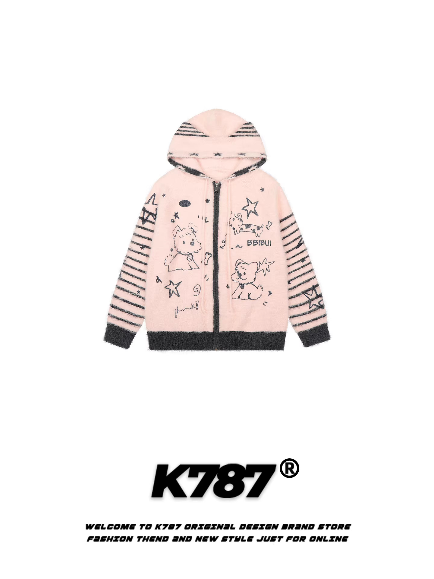 Áo len có mũ trùm đầu kiểu dáng học sinh Mỹ K787 dành cho nữ, mềm mại và trẻ trung, kiểu dáng lười biếng, chất liệu dệt kim có khóa kéo