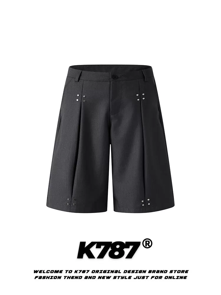 K787 Quần short giản dị theo xu hướng dân tộc kiểu Mỹ có đính nút theo phong cách retro dành cho nam, quần cắt ngắn phong cách đường phố, quần âu ống đứng lưng cao