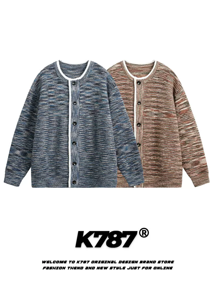Áo cardigan len dệt kim cổ tròn phối màu phong cách retro Mỹ K787, kiểu dáng unisex, phong cách lười biếng, chất liệu dệt kim, kiểu dáng thường ngày.