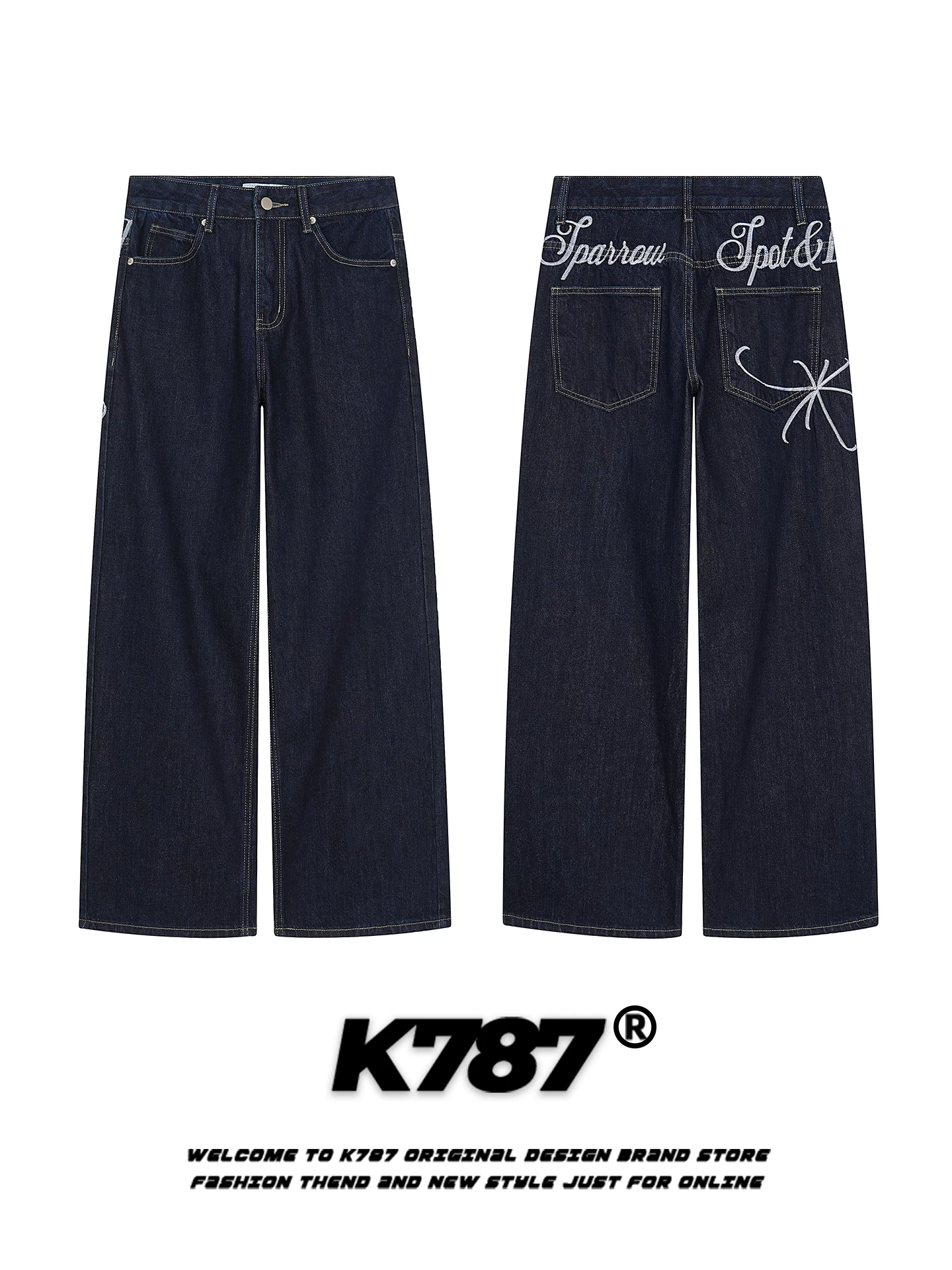 Quần jeans K787 kiểu Mỹ cổ điển, thêu chữ ở hông, unisex, dáng xuông rộng, cạp cao, màu gốc, đa năng, phong cách thường ngày