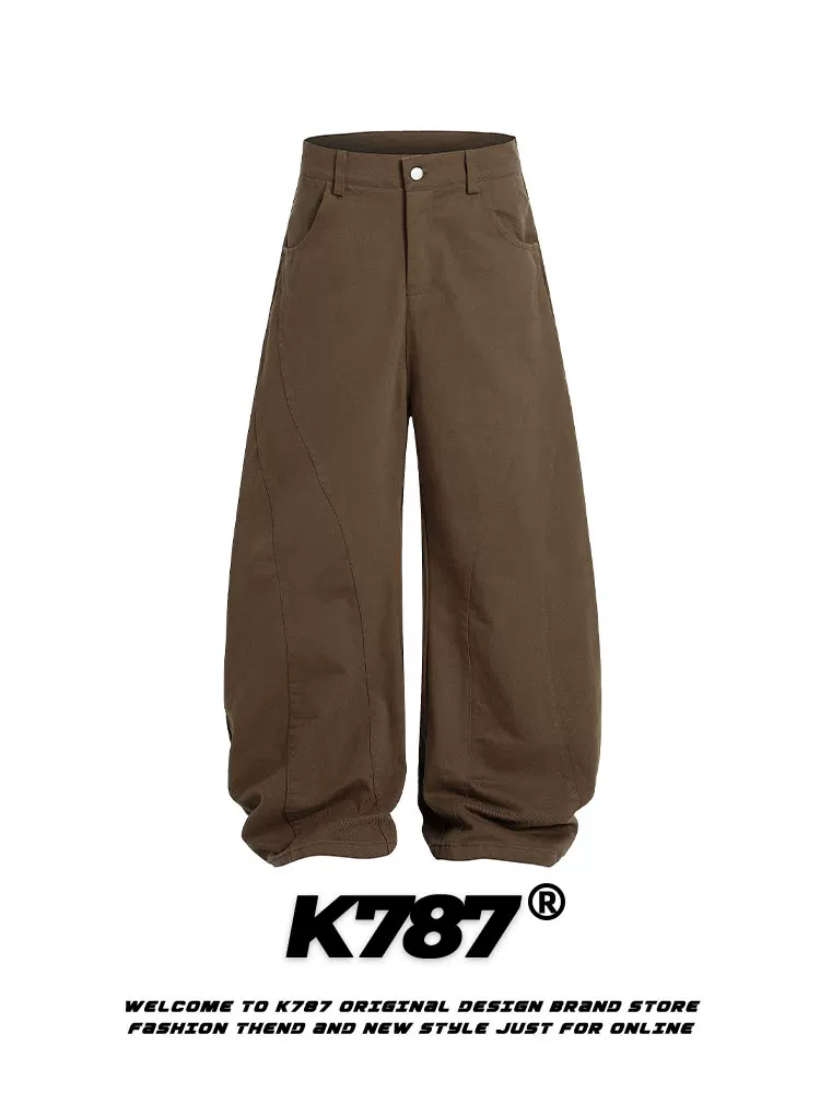Quần âu thêu chữ kiểu Mỹ cổ điển K787, dáng rộng, cạp cao, dài chấm đất, unisex, chất liệu kaki, kiểu dáng thẳng, phong cách thường ngày