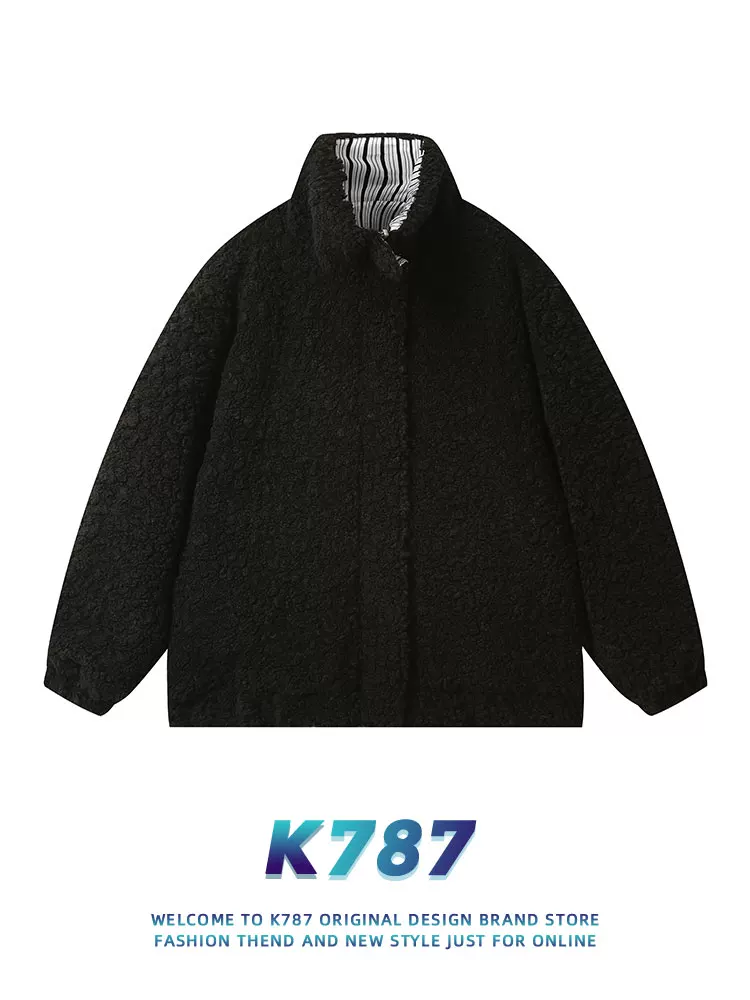 Áo khoác cotton dày dặn hai mặt kẻ sọc kiểu Mỹ cổ điển K787 dành cho nam và nữ, mùa đông 2024, áo khoác đôi