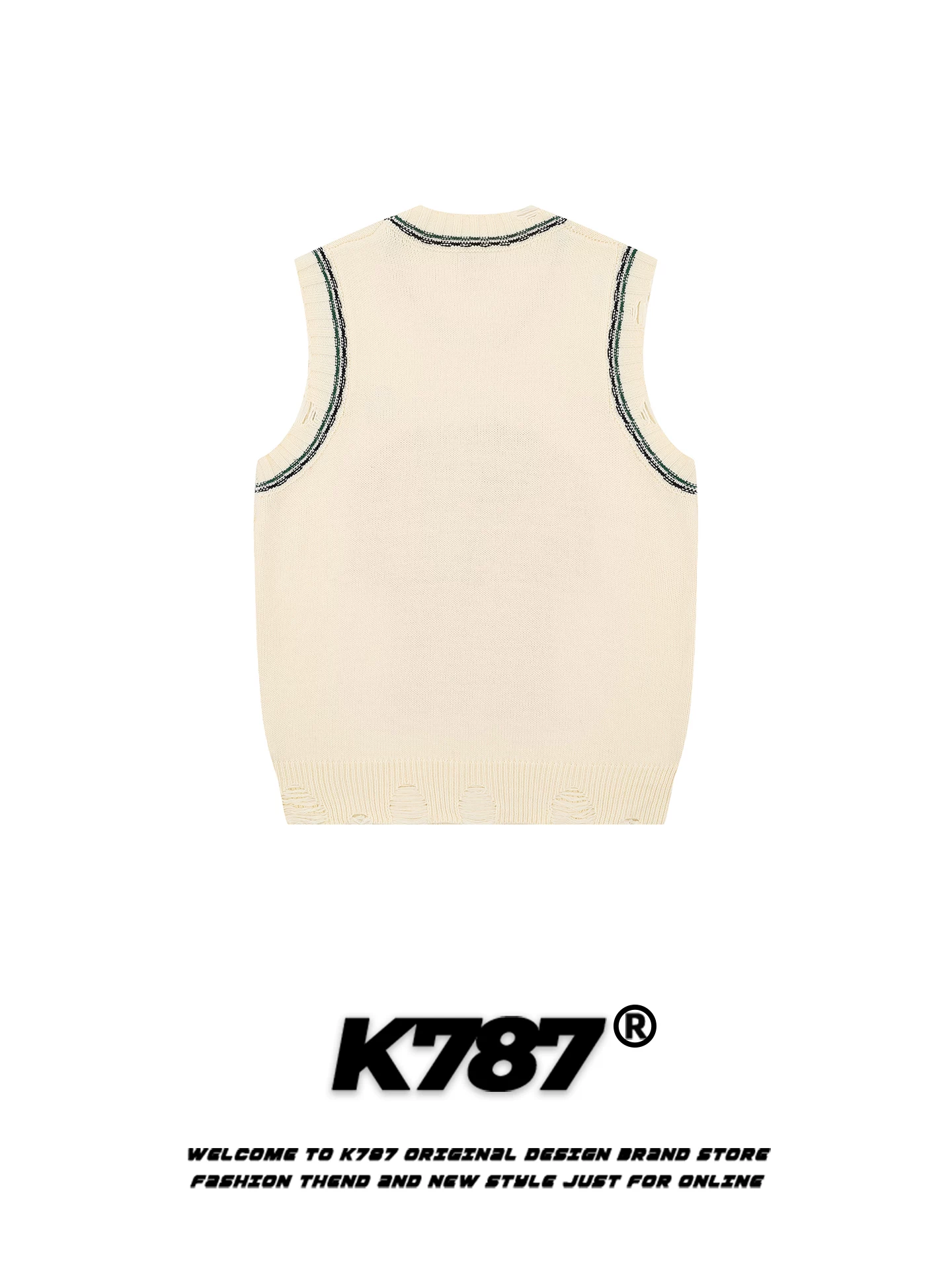 Áo len dệt kim kiểu Mỹ cổ tròn, phối màu, họa tiết chữ K787, dáng rộng, mặc nhiều lớp, không tay, dành cho cặp đôi.