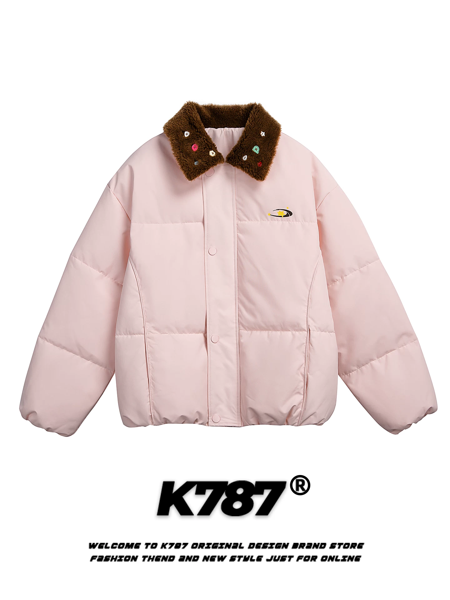 Áo khoác cotton dáng rộng phong cách đường phố Mỹ K787, nhiều màu sắc, có khuy cài trên cổ áo, dành cho nam và nữ, kiểu dáng thời trang, ấm áp và dày dặn, màu hồng.