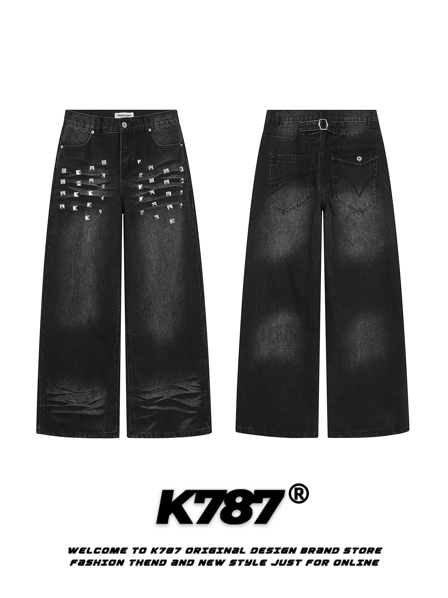 Quần jeans thiết kế đinh tán phong cách đường phố Mỹ K787 dành cho nam và nữ, quần ống rộng dáng suông, cạp cao, tôn dáng, dài chấm đất.