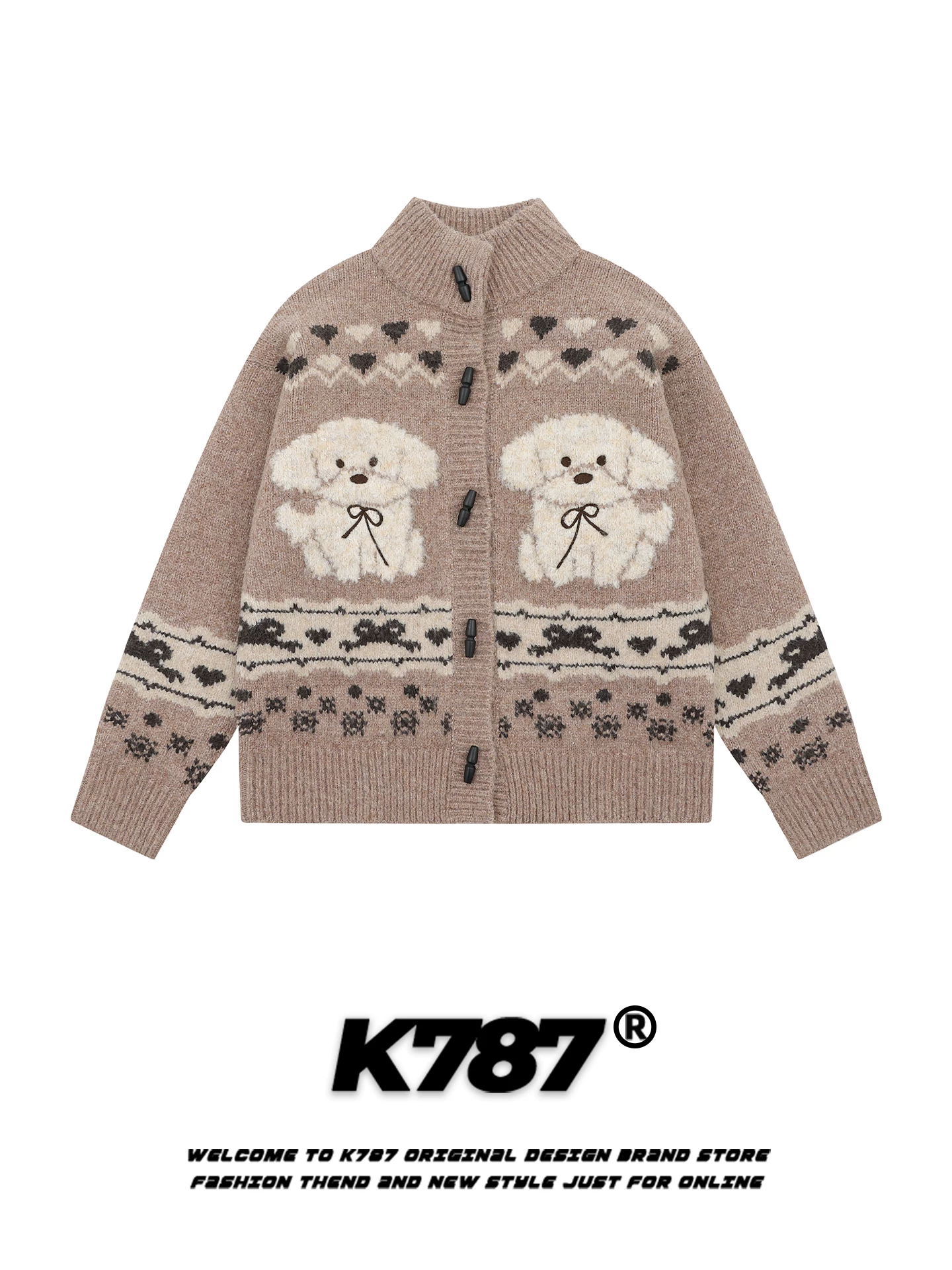 Áo cardigan len dệt kim kiểu đường phố Mỹ K787 họa tiết chó ngộ nghĩnh dành cho nam và nữ, có khuy cài, kiểu dáng dân tộc, áo len ngắn.